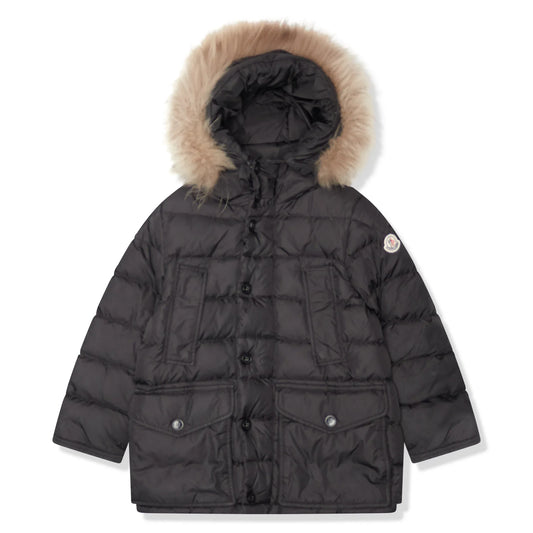 Moncler Cluny Black Short Down 100% Real Fur Kids Parka Jacket