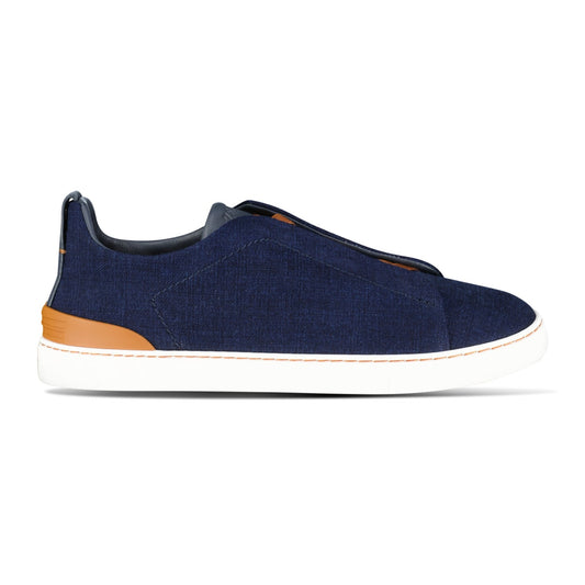 Triple Stitch Contrast-Sole Denim Low-Top Trainers Navy